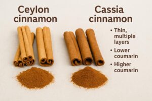 Comparison of Ceylon cinnamon and Cassia cinnamon sticks, showing differences in texture.