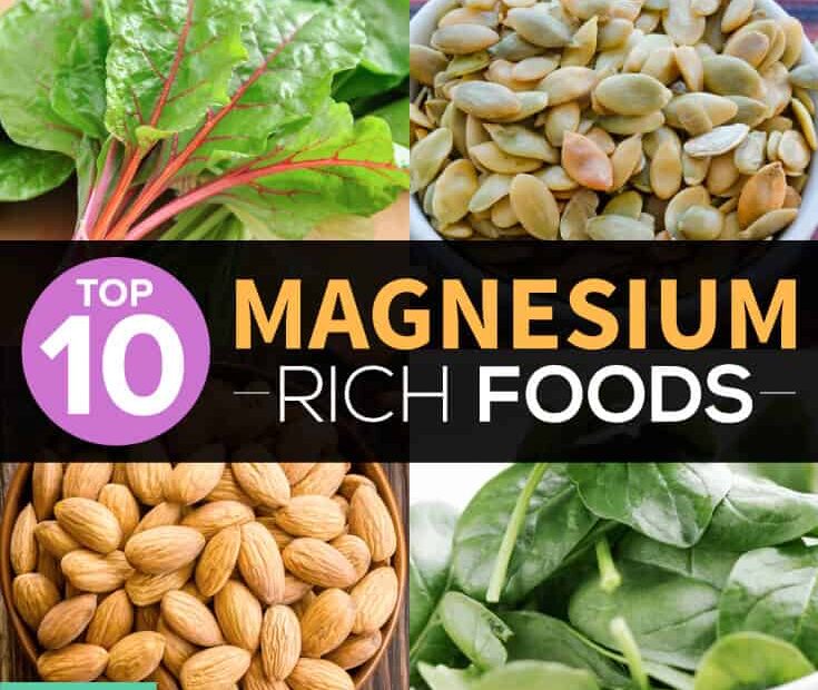 A top-down view of magnesium-rich foods—leafy greens, almonds, pumpkin seeds, and seeds—highlighting options for natural diabetes support.