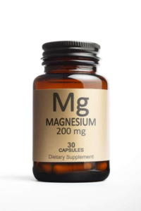 Magnesium supplement bottle labeled ‘Fig Magnesium 200 mg’ on a neutral background.