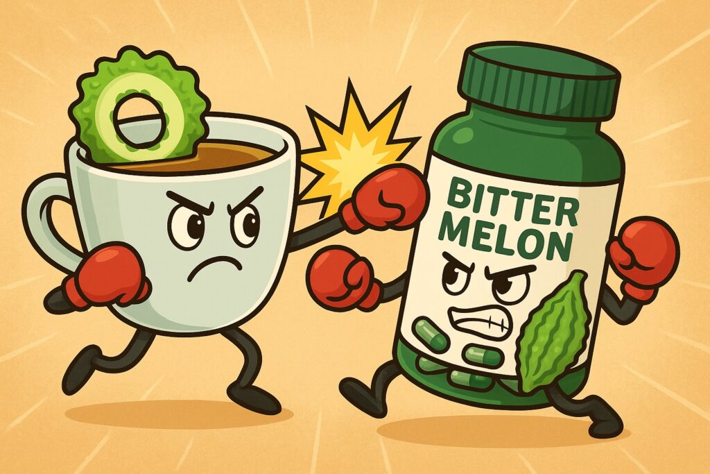 Cartoon-style illustration showing bitter melon tea cup fighting against bitter melon capsules, symbolizing the comparison between tea and supplement form for blood sugar control.