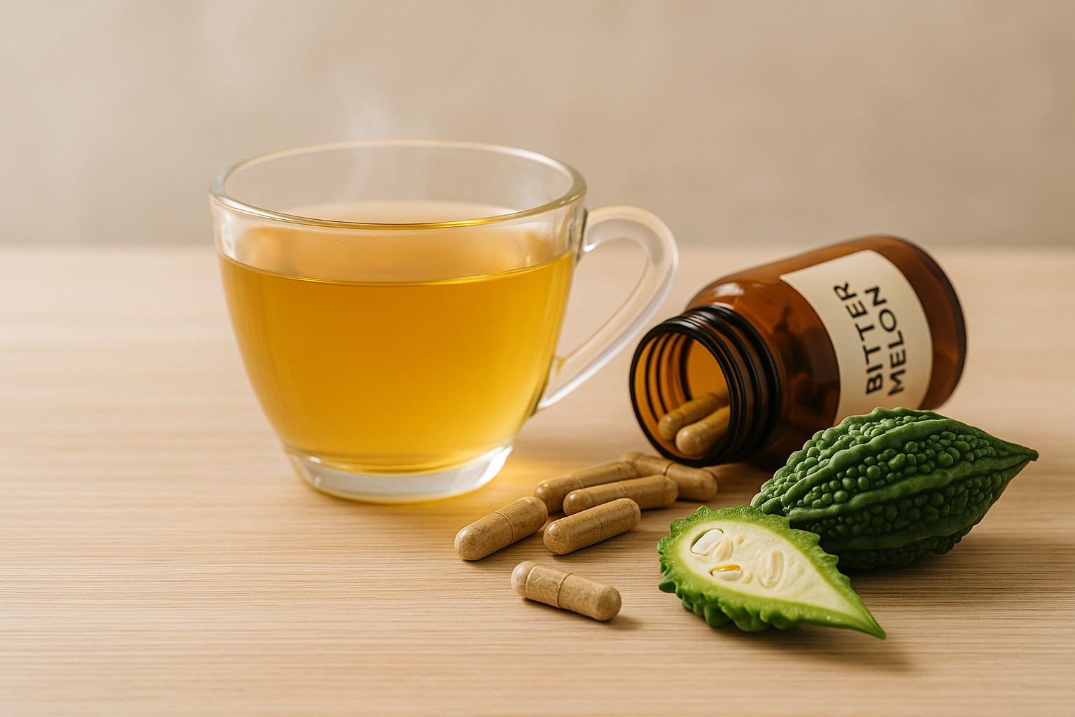 A comparison of bitter melon tea in a clear glass cup beside supplement capsules, representing different ways to use bitter melon for blood sugar support.