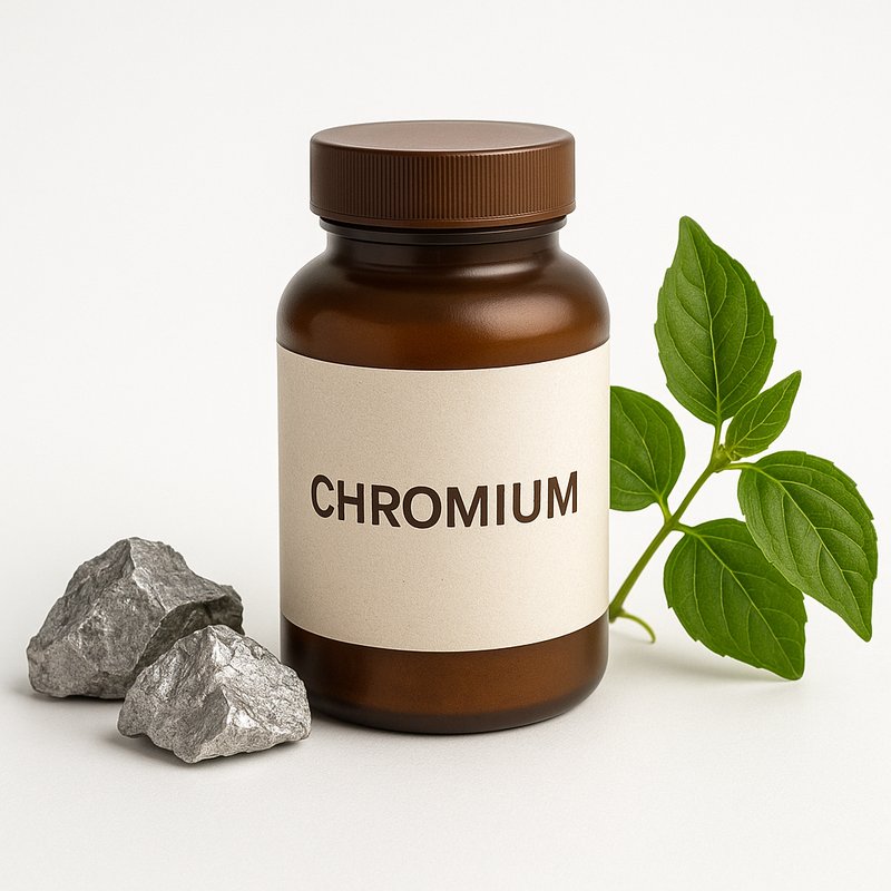 A bottle of chromium supplement with a green plant beside it, symbolizing natural ways to support healthy blood sugar levels.