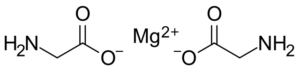 Structural formula diagram of magnesium diglycinate showing chelated magnesium bound to glycine.”