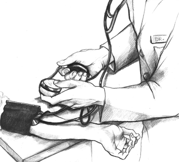 Medical illustration of a doctor taking a patient’s blood pressure