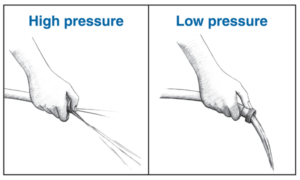 Garden hose illustration comparing low vs high pressure flow to explain vessel narrowing