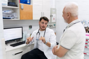 “Healthcare professional reviewing treatment options with a patient across a desk.”