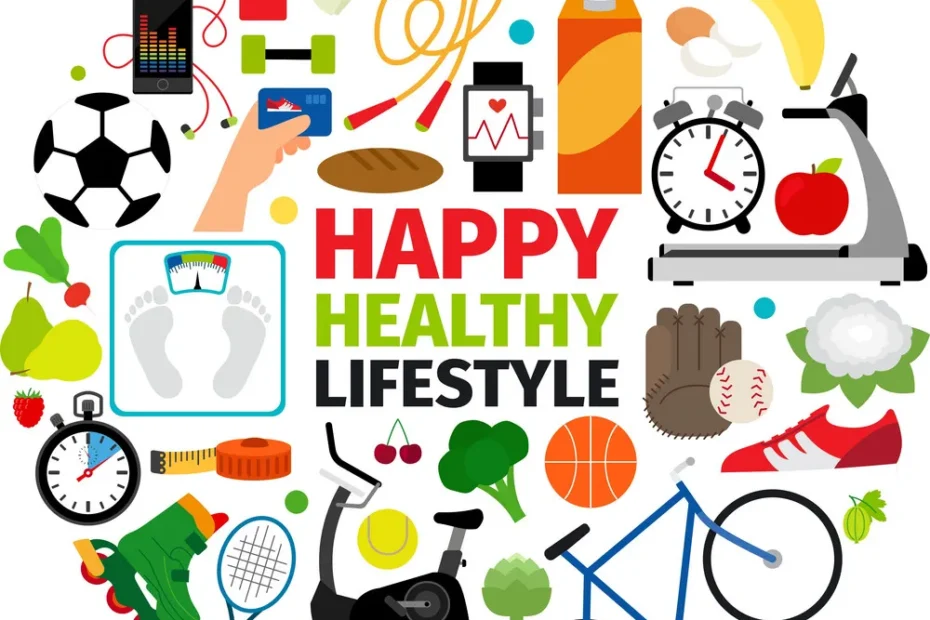 Circular emblem illustrating the foundations of a healthy lifestyle — balanced nutrition, exercise, sleep, and mindfulness — symbolizing holistic wellness and longevity.