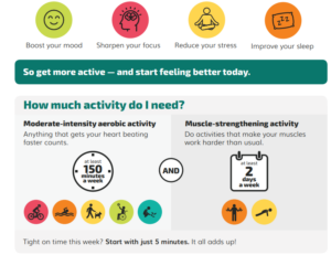 Infographic summarizing adult physical activity recommendations (150 minutes/week moderate aerobic + 2 days muscle‑strengthening).