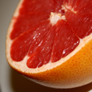 “Close-up of a sliced grapefruit.”