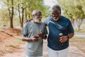 Two senior friends walking together in a public park, talking side by side.