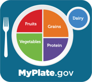 USDA MyPlate graphic showing balanced portions: fruits, vegetables, grains, protein, and dairy.