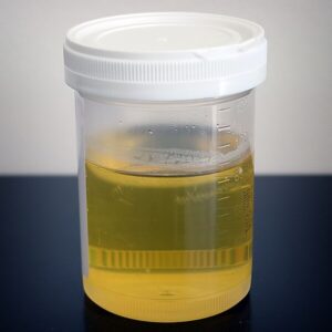 Clear plastic urine sample container used to check cloudy urine in women.
