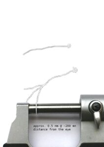 “Simulated eye floaters (mouches volantes) shown against a micrometer slit for 0.5 mm scale reference.”