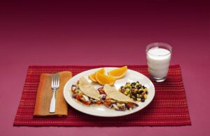 USDA MyPlate example meal with grains, protein, dairy, vegetables, and fruit for balanced cholesterol-friendly eating